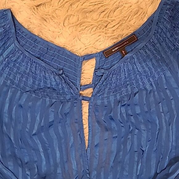 BCBGGeneration womens silk blue long sleeve sheer‎ open back tie black shirt - Picture 2 of 7